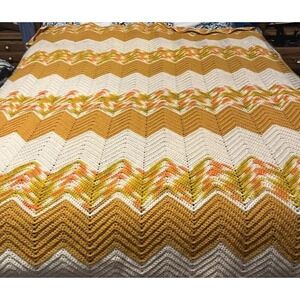 Afghan Handmade ‎  75 X 64  Crochet Chevron Blanket  Yellow Cream Multicolor